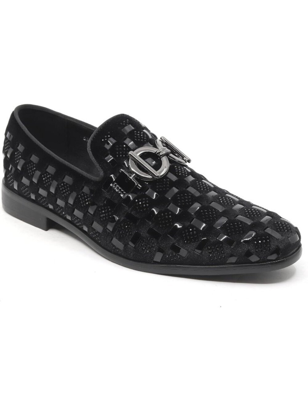 Metrocharm Men's Black Velvet Woven Pattern Loafers Gold Buckle Luxury Shoes